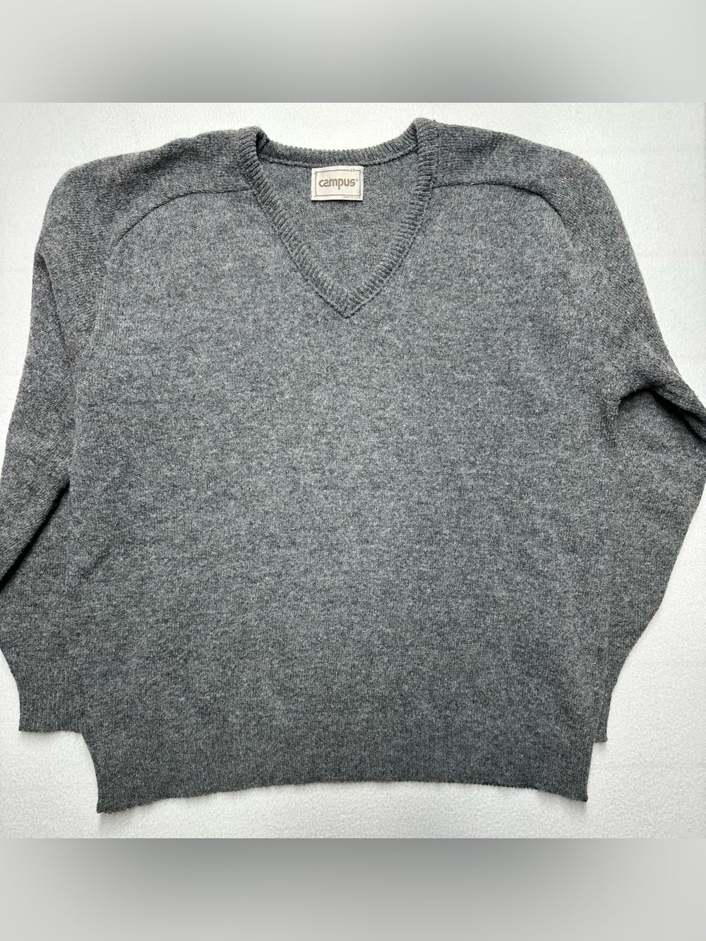 Vintage Campus 1X Wool Blend V Neck Sweater Made in USA Gray